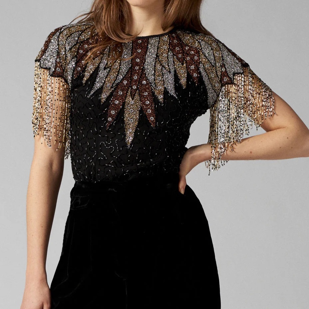 NWT Antik Batik Papaga Sequin Top black gold silver beaded fringe keyhole back L